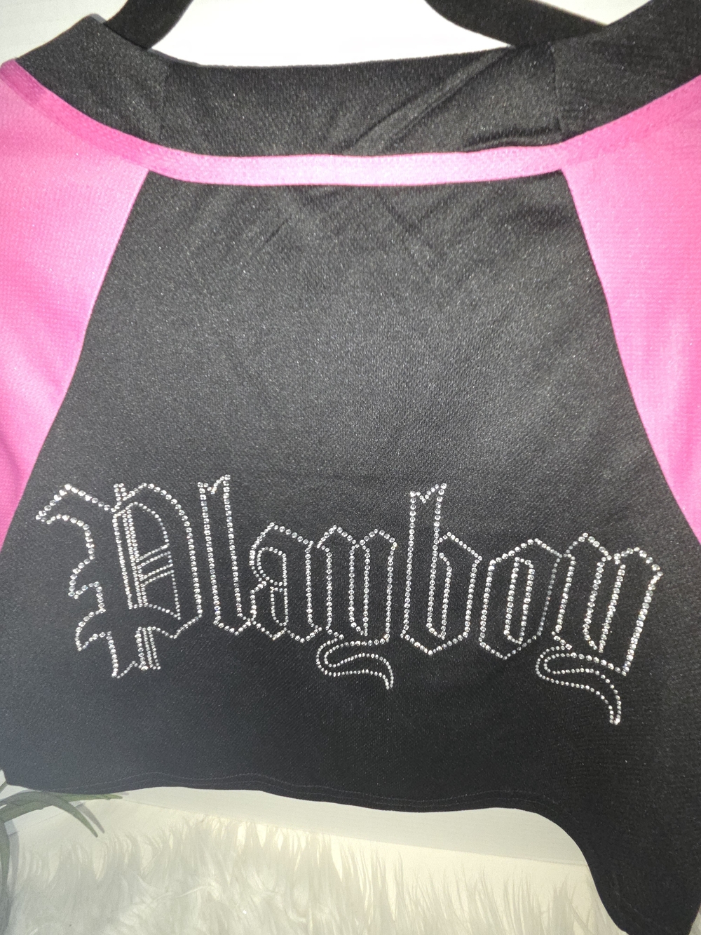 NWT PLAYBOY Black and Hot Pink Rhinestone Bunny Baseball Jersey. Size Small - Picture 7 of 9